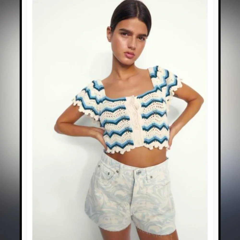 Zara Crochet Top S $78 boho blue cream printed fall boho casual  cowgirl crop